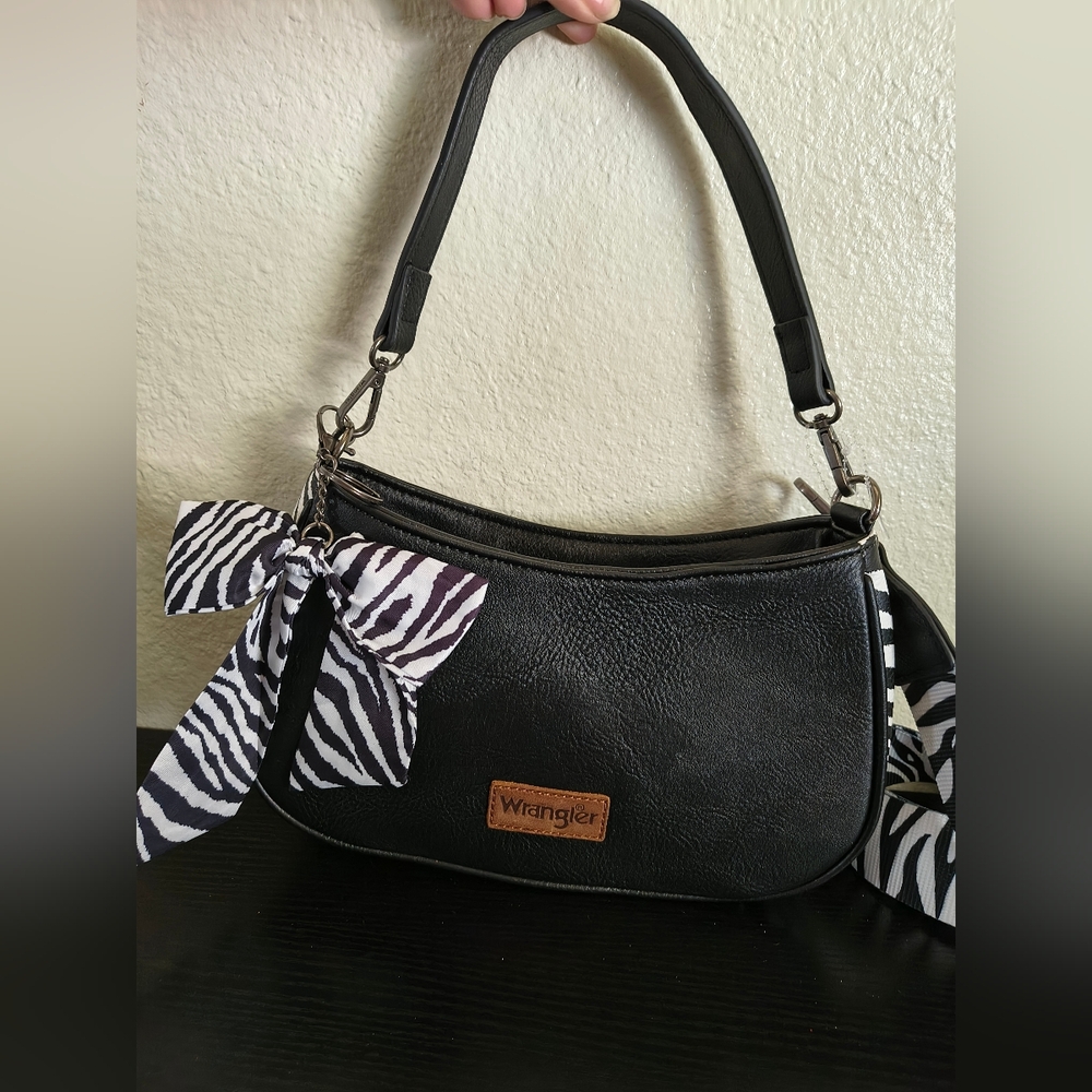 Wrangler Black Shoulder Bag with Zebra-Print Bow